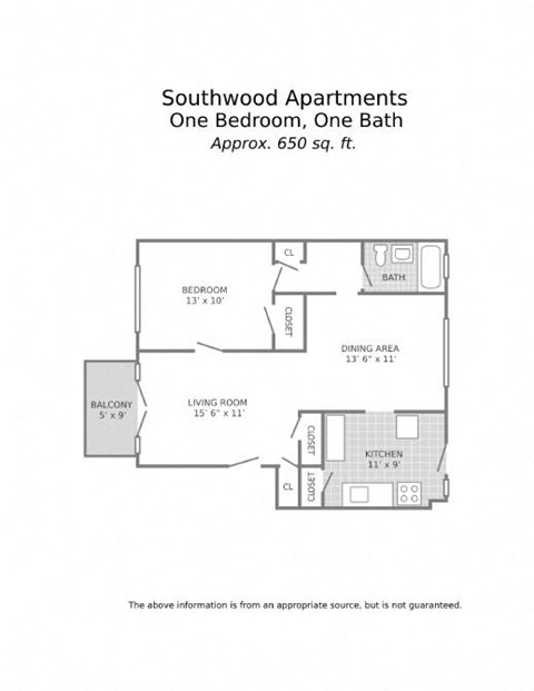 Floor plan for 1 bed, 1 bath, 650 sqft